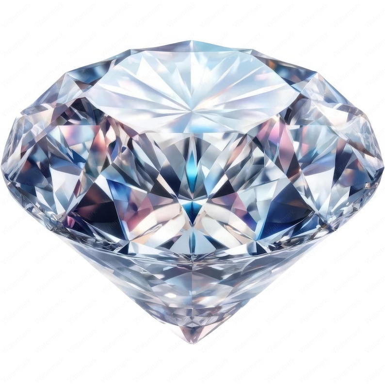 May include: A large, clear, round diamond with many facets. The diamond is reflecting light, creating a rainbow effect.