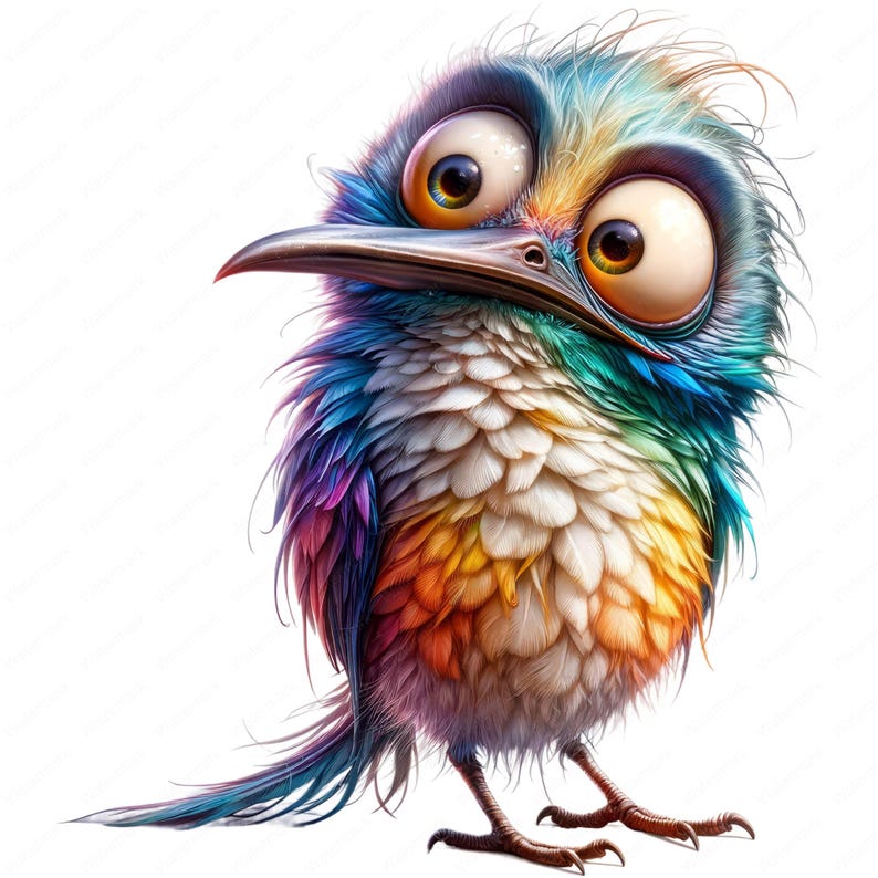 May include: A cartoon bird with large, round eyes and colorful feathers. The bird has a long, thin beak and is standing on two legs.