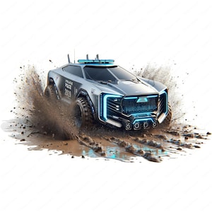 Könnte beinhalten: Ein futuristisches silbernes Polizeiauto mit blauen Lichtern fährt durch schlammiges Gelände. Das Auto trägt die Aufschrift "Police 2019" an der Seite.