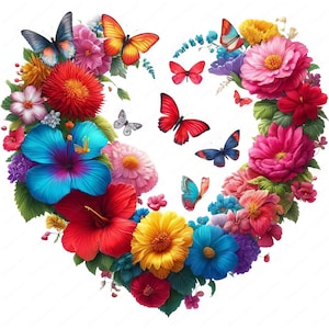 May include: A heart-shaped floral arrangement featuring vibrant blooms in red, pink, yellow, blue, and purple, with green foliage. Colorful butterflies of various sizes and patterns are scattered throughout the design.