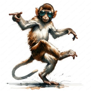 May include: A brown and white monkey wearing blue sunglasses is dancing with its arms outstretched. The monkey has a long tail and is standing on a white background.