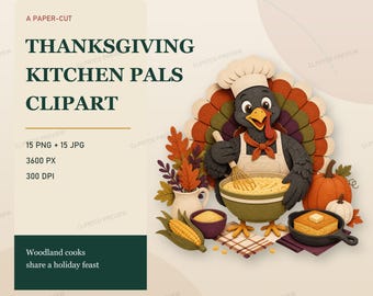 Thanksgiving Kitchen Clipart Bundle, 15 Papercut Animal PNG Designs