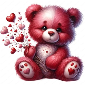 May include: A plush pink teddy bear with white accents is holding a bouquet of red and pink heart-shaped balloons. The bear has a sweet expression and is sitting on a white background.