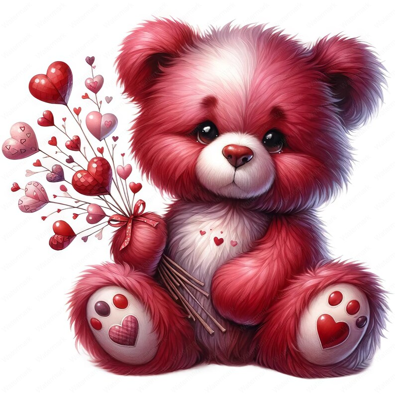 May include: A plush pink teddy bear with white accents is holding a bouquet of red and pink heart-shaped balloons. The bear has a sweet expression and is sitting on a white background.