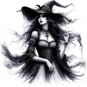 Puede incluir: Una ilustraci&oacute;n en blanco y negro de una bruja que lleva un sombrero puntiagudo de ala ancha, un largo vestido negro y un collar. Su cabello es largo y fluido, y tiene una expresi&oacute;n seria en su rostro.