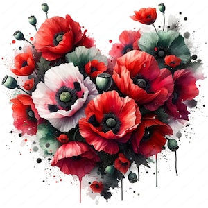 K&ouml;nnte beinhalten: Ein Strau&szlig; roter Mohnblumen mit wei&szlig;en Zentren, in Herzform angeordnet. Die Blumen sind von gr&uuml;nen Bl&auml;ttern und Aquarellen in Rot-, Gr&uuml;n- und Schwarzt&ouml;nen umgeben.
