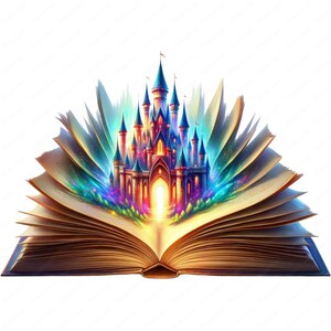 May include: An open book with a magical, colorful castle emerging from its pages. The castle is detailed with towers, windows, and a glowing doorway. The book is old and worn, with yellowed pages and a leather cover.