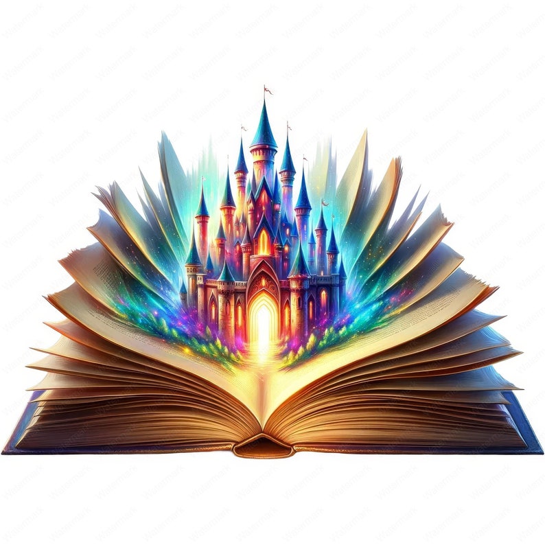 May include: An open book with a magical, colorful castle emerging from its pages. The castle is detailed with towers, windows, and a glowing doorway. The book is old and worn, with yellowed pages and a leather cover.