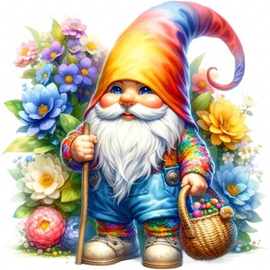 May include: A colorful gnome with a rainbow hat and a long white beard holds a wooden walking stick in one hand and a basket of colorful beads in the other. The gnome is standing in a field of flowers.