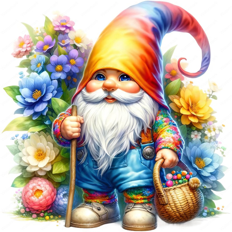 May include: A colorful gnome with a rainbow hat and a long white beard holds a wooden walking stick in one hand and a basket of colorful beads in the other. The gnome is standing in a field of flowers.