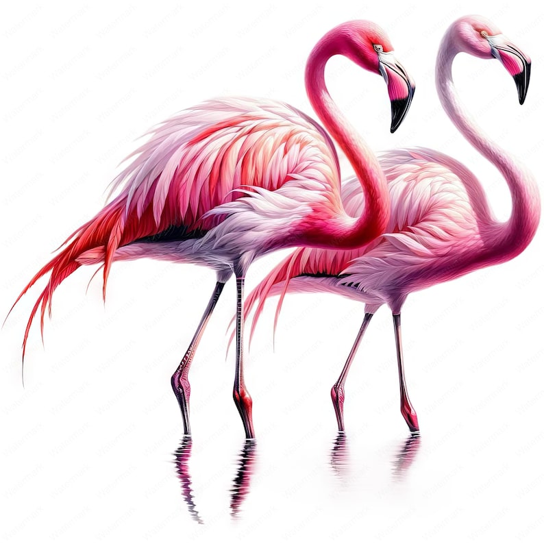 K&ouml;nnte beinhalten: Zwei rosafarbene Flamingos stehen im seichten Wasser mit ihren H&auml;lsen gebogen, wodurch eine Herzform entsteht. Die Flamingos befinden sich in einer nat&uuml;rlichen Umgebung mit wei&szlig;em Hintergrund.
