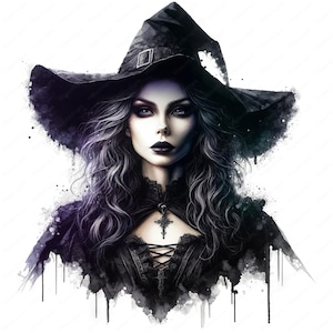 Puede incluir: Una pintura de acuarela de una mujer con un sombrero de bruja negro y un vestido negro con un escote de encaje. La mujer tiene el pelo largo y oscuro y maquillaje oscuro. El fondo es una acuarela blanca.