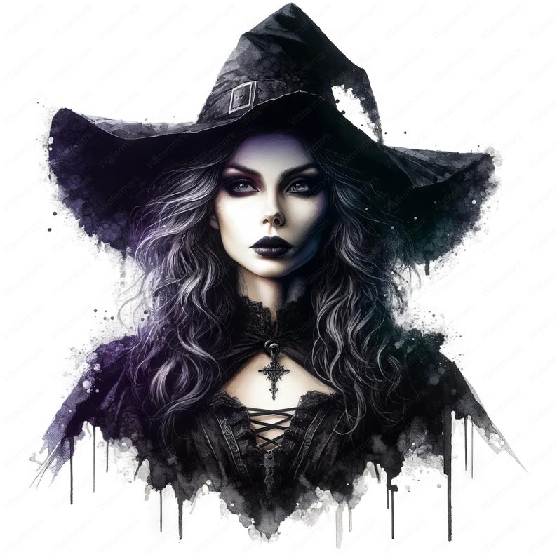 Puede incluir: Una pintura de acuarela de una mujer con un sombrero de bruja negro y un vestido negro con un escote de encaje. La mujer tiene el pelo largo y oscuro y maquillaje oscuro. El fondo es una acuarela blanca.