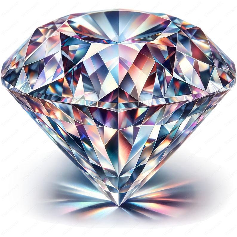 May include: A large, faceted diamond with a rainbow iridescent sheen. The diamond is set against a white background.