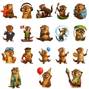 May include: A collection of cartoon otters in various poses and activities. One otter holds a starfish, another wears headphones, and others play, swim, or hold objects like a guitar, paint palette, and balloons. The otters are brown with white bellies.