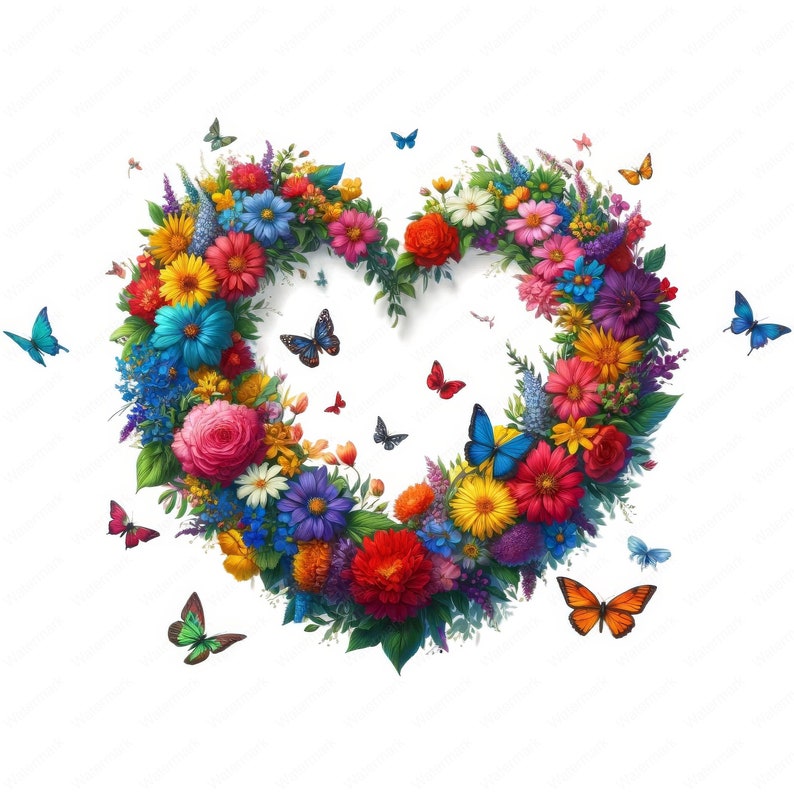 May include: A heart-shaped floral arrangement composed of vibrant flowers in shades of red, pink, yellow, blue, and purple. Butterflies of various colors, including blue, orange, and red, are scattered around the floral heart. The background is white.