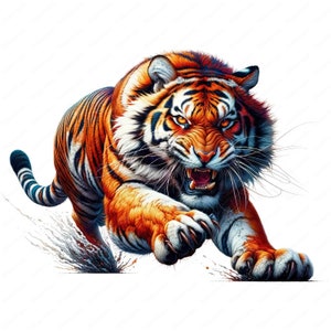 Könnte beinhalten: Nahaufnahme eines Tigers mit orangefarbenen und schwarzen Streifen, der mit offenem Maul und sichtbaren Zähnen auf den Betrachter zuläuft. Der Tiger ist scharf, während der Hintergrund unscharf ist.