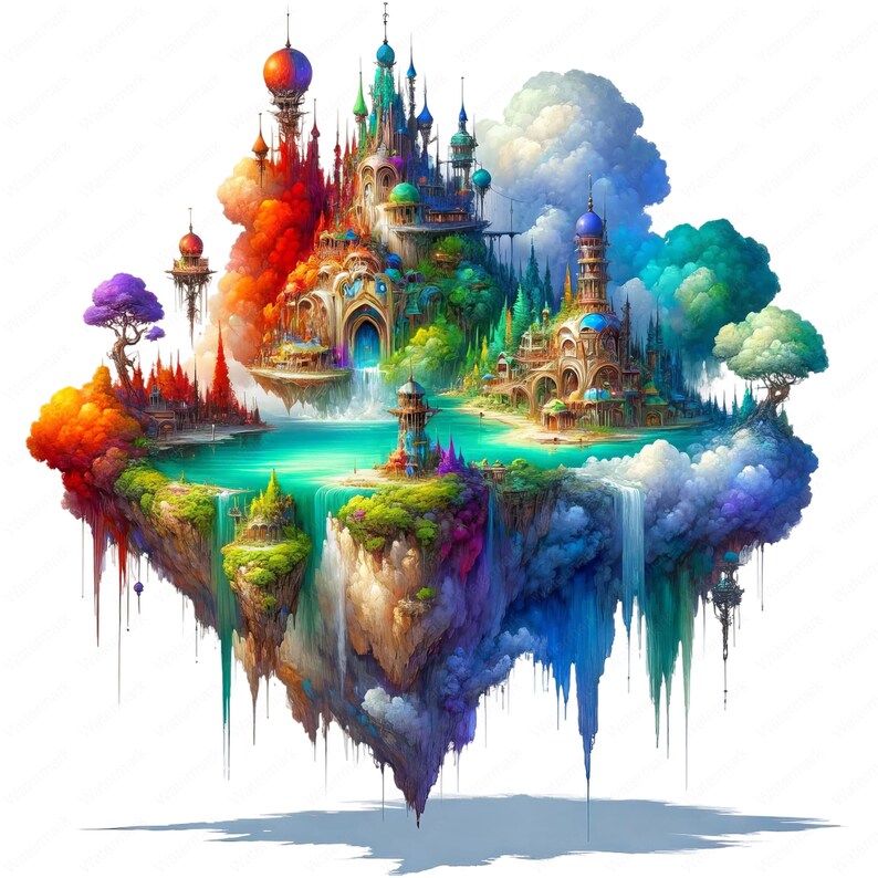 May include: A colorful, fantastical island floating in the air with a castle, waterfalls, and lush greenery. The island is painted in shades of red, orange, yellow, green, blue, and purple.