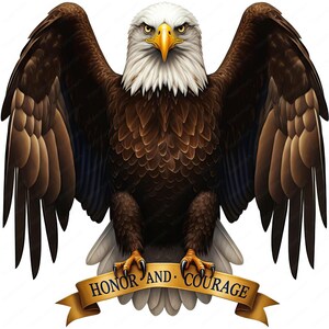 K&ouml;nnte beinhalten: Ein Wei&szlig;kopfseeadler mit ausgebreiteten Fl&uuml;geln, der auf einem Banner mit der Aufschrift "Ehre und Mut" sitzt. Der Adler hat einen wei&szlig;en Kopf und Schwanzfedern, braune K&ouml;rperfedern und gelbe Augen.