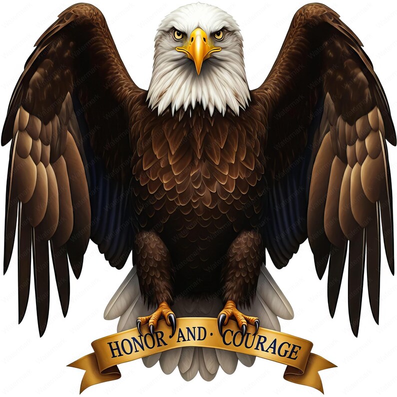 K&ouml;nnte beinhalten: Ein Wei&szlig;kopfseeadler mit ausgebreiteten Fl&uuml;geln, der auf einem Banner mit der Aufschrift "Ehre und Mut" sitzt. Der Adler hat einen wei&szlig;en Kopf und Schwanzfedern, braune K&ouml;rperfedern und gelbe Augen.