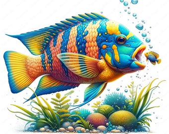 Paquete de imágenes prediseñadas de peces marinos vibrantes / Imprimibles de arte marino (Descarga digital)