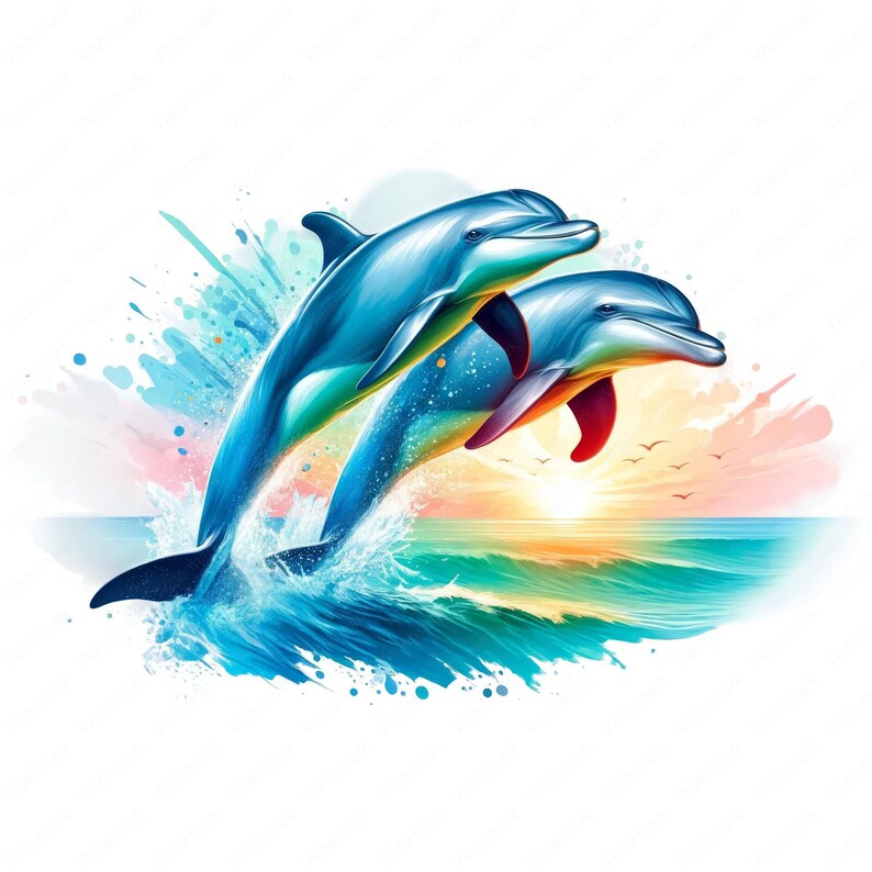 Puede incluir: Dos delfines azules saltan fuera del agua sobre un fondo de acuarela colorido. Los delfines est&aacute;n silueteados contra una puesta de sol con un sol naranja brillante.