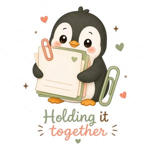 Op de afbeelding: Illustratie van een cartoonpinguïn die een stapel papieren vasthoudt die met een roze paperclip aan elkaar zijn geklikt. De pinguïn is zwart en wit met een gele snavel en is omringd door hartjes en sterren. De tekst "Holding it together" staat eronder.