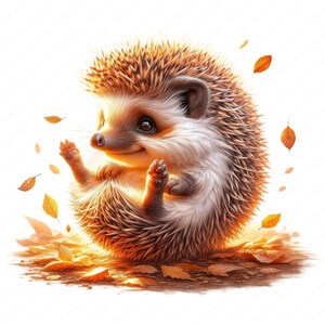 May include: A cute brown hedgehog with a white belly curled up in a ball on a bed of autumn leaves. The hedgehog has a happy expression on its face and is surrounded by falling leaves.