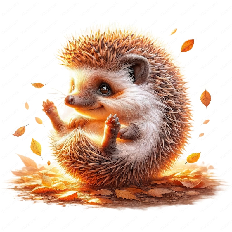 May include: A cute brown hedgehog with a white belly curled up in a ball on a bed of autumn leaves. The hedgehog has a happy expression on its face and is surrounded by falling leaves.