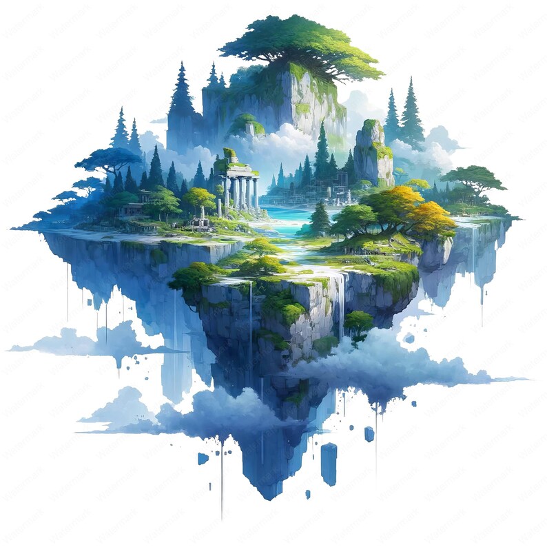 May include: A digital painting of a floating island with lush green trees, a waterfall, and a stone structure with columns. The island is surrounded by white clouds and a blue sky.