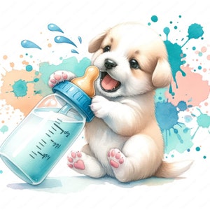 Baby Puppy with Baby Bottle Clipart 10 High-Quality Images Nursery Decor Cute Dog Illustrations Digital Prints Commercial Use zdjęcie 10