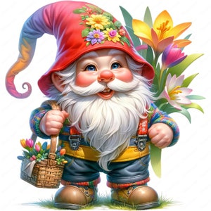 May include: A cheerful gnome with a red and rainbow hat, a white beard, and a blue and yellow outfit, holding a basket of flowers. The gnome is standing in front of a bouquet of yellow, pink, and white flowers.