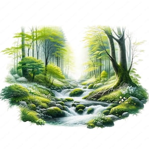Clipart di ruscelli nella foresta / Illustrazioni della natura / 10 design di alta qualità / Paesaggi panoramici / Clipart di cascate / Uso commerciale