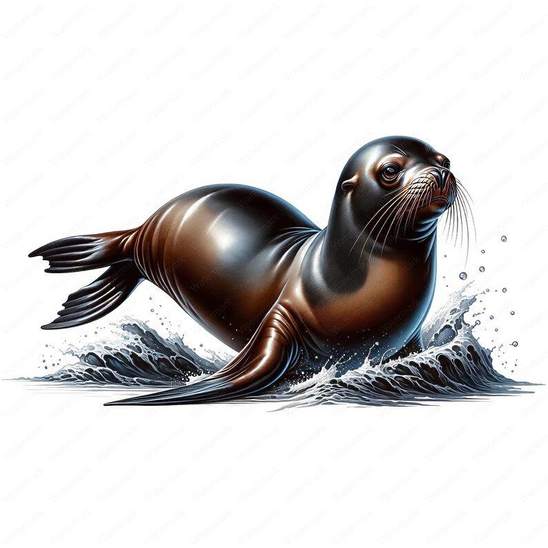 May include: A brown and black sea lion with a wet, shiny coat emerges from the water, its head turned to the side, looking alert. The sea lion is swimming in a wave of water with white foam.