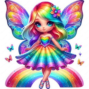 Clipart fée arc-en-ciel | Lot de clipart fées arc-en-ciel vibrantes | 10 modèles de haute qualité | Art magique | Imprimables | Utilisation commerciale
