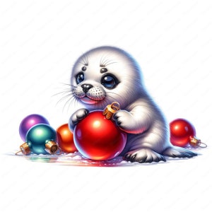 May include: A white baby seal holding a red Christmas ornament surrounded by colorful ornaments.