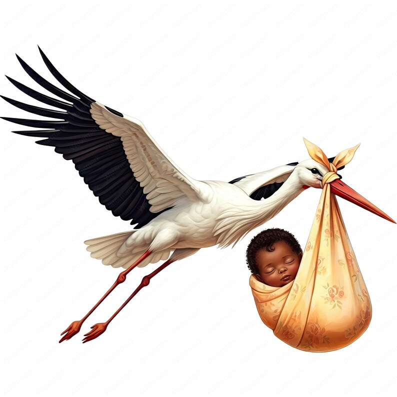May include: A white stork with black wings carries a sleeping baby wrapped in a yellow and floral patterned blanket.