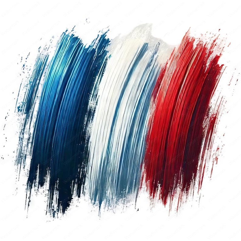 May include: Abstract artwork featuring broad brushstrokes in the colors of the French flag: blue, white, and red. The strokes are layered and textured, creating a dynamic and artistic representation of the tricolor.