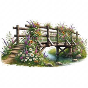 May include: A wooden bridge with a handrail covered in a variety of colorful flowers, including purple, pink, yellow, and white. The bridge spans a small stream with green water and rocks on the banks.