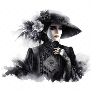 Puede incluir: Una mujer con un vestido negro con detalles de encaje y un sombrero de ala ancha adornado con flores. La imagen est&aacute; pintada en estilo acuarela con un toque suave y et&eacute;reo.