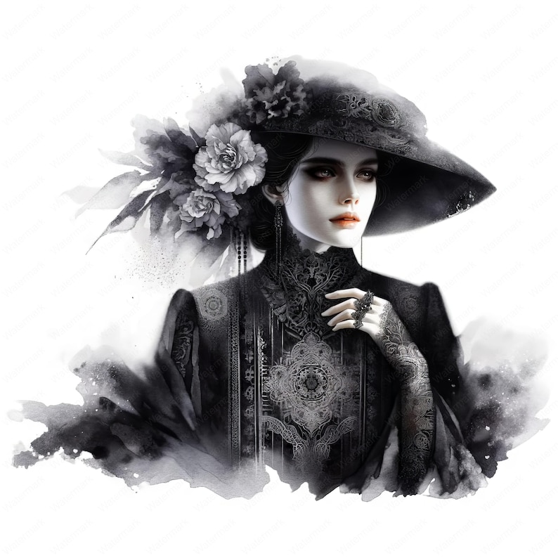 Puede incluir: Una mujer con un vestido negro con detalles de encaje y un sombrero de ala ancha adornado con flores. La imagen est&aacute; pintada en estilo acuarela con un toque suave y et&eacute;reo.