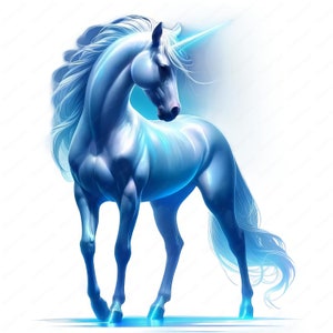 May include: A digital illustration of a unicorn, rendered in shades of blue and white. The mythical horse stands with a soft, glowing light. Its flowing mane and tail are visible, and a spiraled horn projects from its forehead. The background is a clean white.