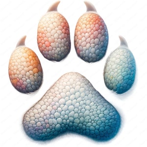 May include: A colorful paw print with a textured, scaly surface. The paw print is made up of five individual pads, each with a different color and pattern. The paw print is set against a white background.
