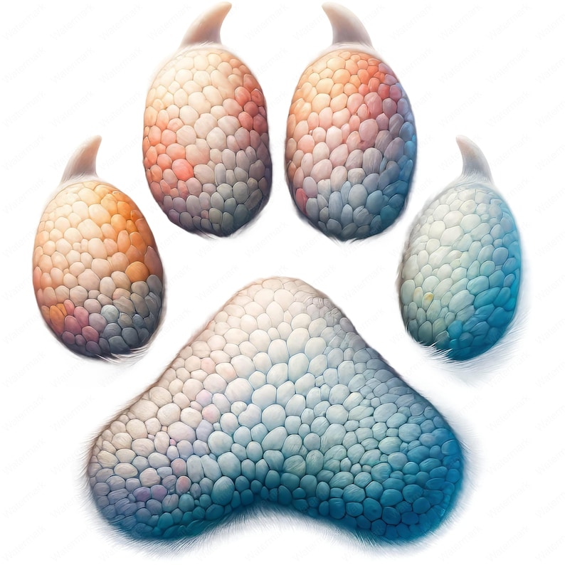 May include: A colorful paw print with a textured, scaly surface. The paw print is made up of five individual pads, each with a different color and pattern. The paw print is set against a white background.