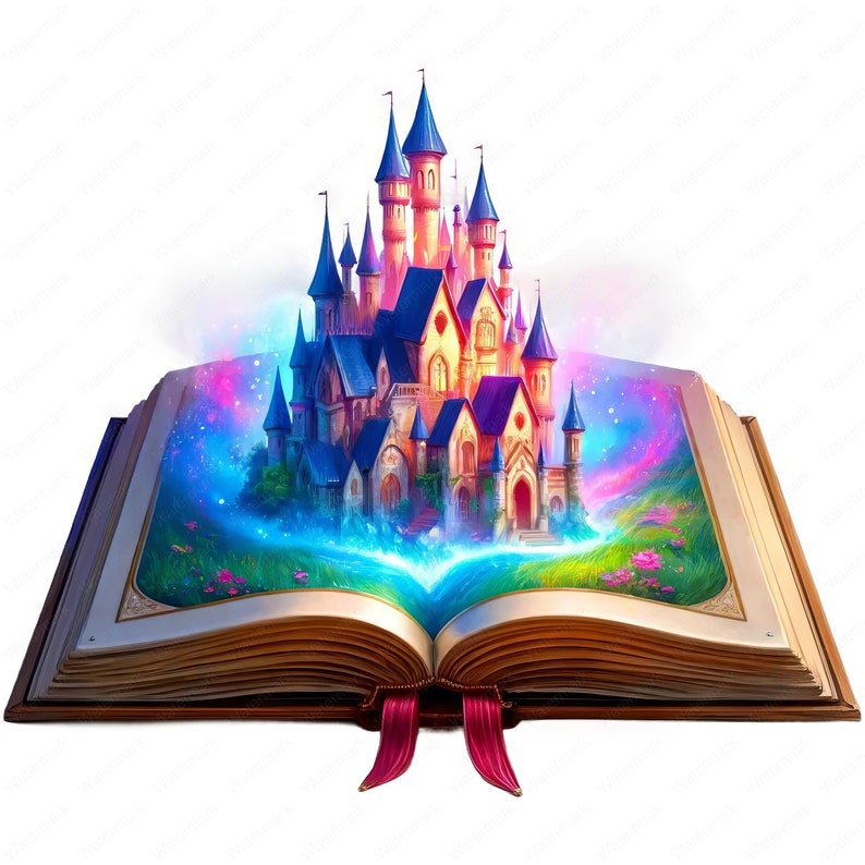 May include: An open book with a magical, colorful castle rising from its pages. The castle is detailed with towers, windows, and a stone bridge. The book has a golden cover and red ribbon bookmark.