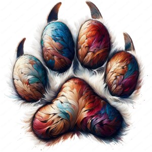 May include: A colorful paw print with a white background. The paw print is made up of different shades of blue, red, orange, and yellow. The paw print is detailed with intricate patterns that resemble feathers.