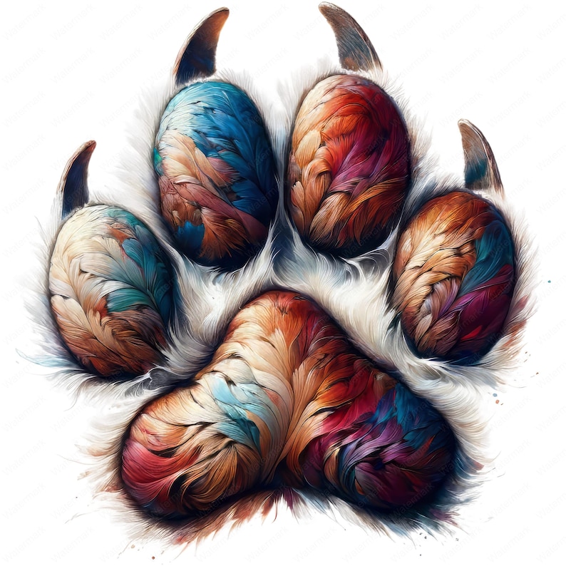 May include: A colorful paw print with a white background. The paw print is made up of different shades of blue, red, orange, and yellow. The paw print is detailed with intricate patterns that resemble feathers.