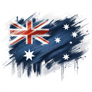 May include: A stylized, abstract painting of the Australian flag. The flag is painted in blue, red, and white with a brushstroke effect. The Union Jack is in the upper left corner, and the Southern Cross constellation is in the lower right corner.