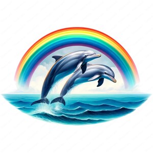 Puede incluir: Dos delfines saltan fuera del agua, saltando hacia un arco&iacute;ris que se arquea sobre el oc&eacute;ano.