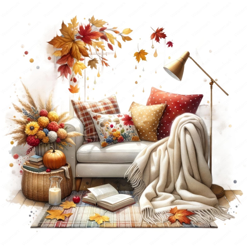 May include: A white couch with a white throw blanket and pillows in shades of red, brown, and beige. The couch is decorated with fall leaves and a pumpkin. A book is on the floor in front of the couch.